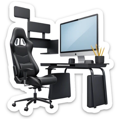 Create a 3D room in it A black and white home office workstation with a wide monitor and a laptop. Black gaming chair and without wall shelves sticker