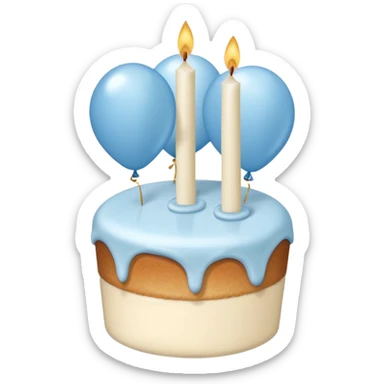 Please make some balloons that are light blue and beige, and place a small cake underneath the balloons. sticker