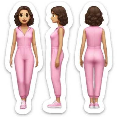 Woman dark brown hair  hazel eyes  pink  full body jumpsuit flying sticker