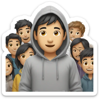 asian boy in grey hoodie and multiple friends waving sticker