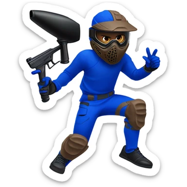 Brown skin paintball player wearing a royal blue long sleeve jersey, black pants and running with a paintball gun in hand sticker