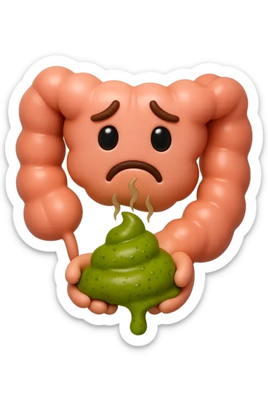 emoji stile iphone 3d di un intestino con espressione triste con cacca verde e liquida in mano , iperrealistiche 4k sticker