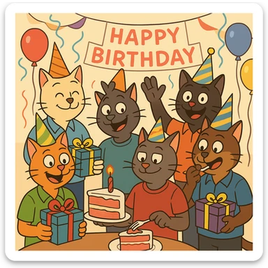 six guy cats at a birthday party, some holding gifts, some eating cake, festive decorations, cartoon style sticker