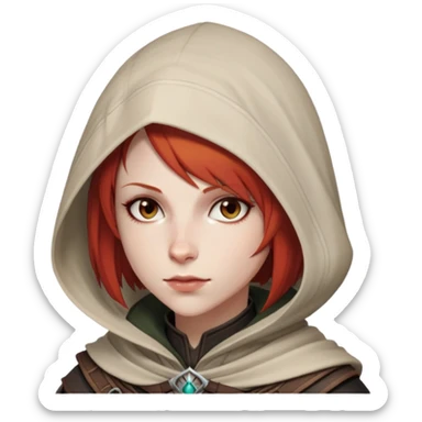 Leliana from Dragon Age with short red hair and hood sticker