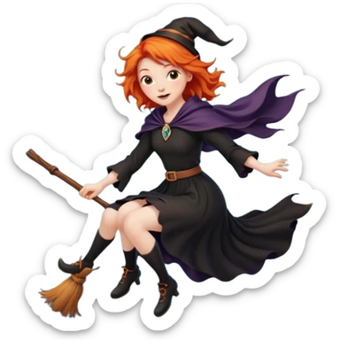 ginger witch flying on a broomstick, orange hair flowing, crescent moon background sticker