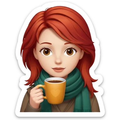 a girl drink with red layer hair, having scarf, drink coffee, enjoy sticker