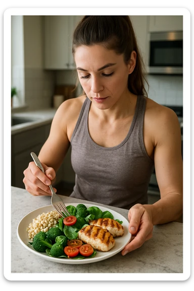Donna che prepara un pasto equilibrato fit, con carboidrati, proteine e grassi dentro il piatto. Perfettamente equilibrato. Molto realistica sticker