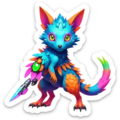 Tropical futuristic lush warm-colored modern colorful neon-colored cyber-Fakémon-Digimon-Trico-creature sticker