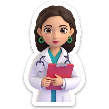 cute Mexican doctor girl, holding clipboard, wearing white coat, traditional Mexican earrings, big eyes, 3D cartoon style sticker