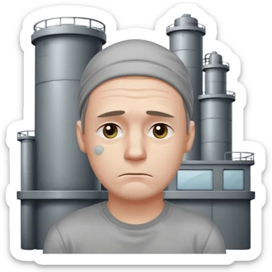 tired sad man with sweat on forehead, factory behind sticker