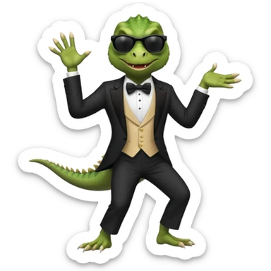 capitalist iguana banker in tuxedo and black sunglasses dancing sticker