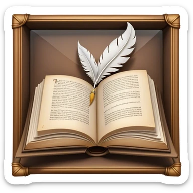 Icon for Reading Fiction: an open book with pages fluttering, surrounded by a quill, an ink bottle, and a cozy reading nook. The icon should represent the immersive world of literature and storytelling. Transparent background. sticker