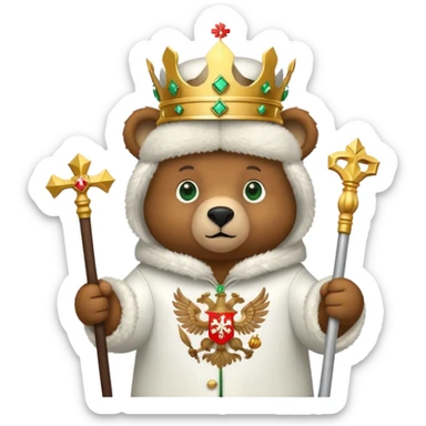 Adorable brown bear with green eyes, white ushanka hat featuring very clear and accurate Russian Federation double-headed eagle coat of arms with crowns and scepter, iOS emoji style sticker