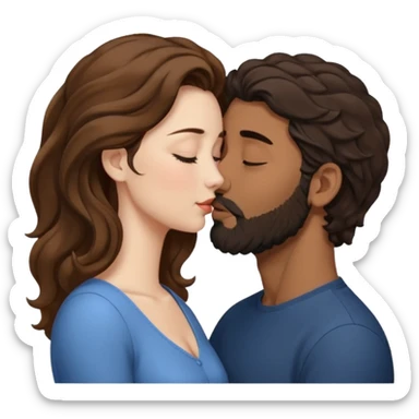 The woman is kissing the forehead of the man, side profile, White woman (brown hair with eyes closed) and brown man with black wavy hair (has a a beard with his eyes closed too). sticker