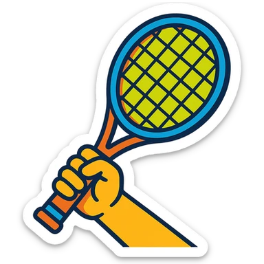 a hand holding a tennis racket, vibrant toon style sticker