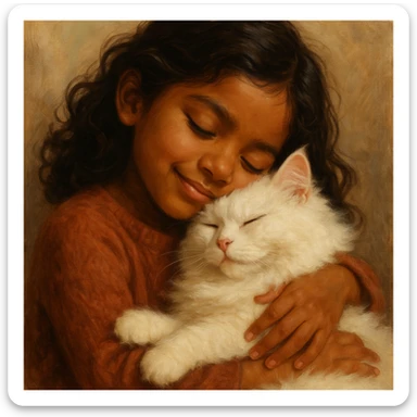 brown girl snuggling fluffy white cat, style 1 sticker