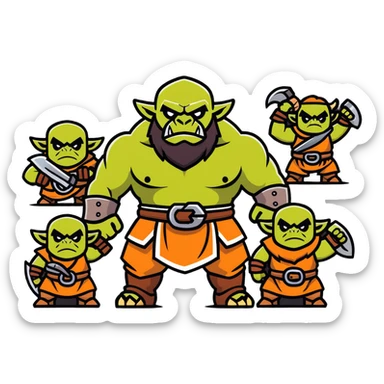 Lineage 2 fantasy characters with Orc warrior, Kamael fighter, Artea dancer, and Dwarven blacksmith sticker