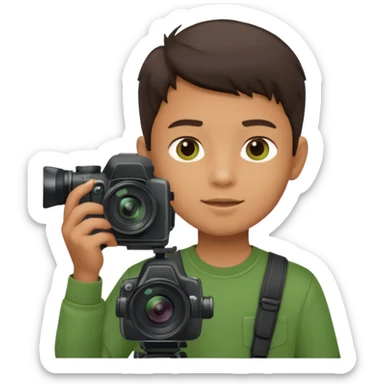 young boy cameraman hold a camera, green sticker