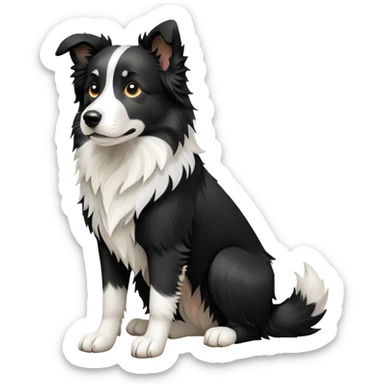 cinematic-[border collie dog]-realistic-full-body-sitting-emoji,-tail-resting-loosely-beside-its-paws,-head-tilted-dramatically,-scruffy-[black and white]-fur,-simplified-yet-realistic-focused-features,-highly-detailed,-glowing-with-an-almost-sarcastic-glow sticker