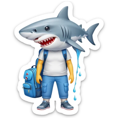 Shark with drip on and pants t shirt wearing a back pack sticker