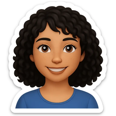 Make the hair wavy and black, with bangs more on the right side. Change the skin tone to almond. Keep the expression warm, friendly, and calm, with freckles and a glowing complexion. Preserve the transparent background. sticker