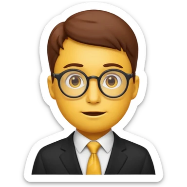 emoji character with the classic nerd emoji head (yellow round face, large brown glasses, buck teeth, freckles). The body is human-like, dressed in an elegant black suit with a tie, in a thoughtful and philosophical pose —  sticker