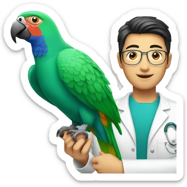 asain veterinarian with parrot sticker