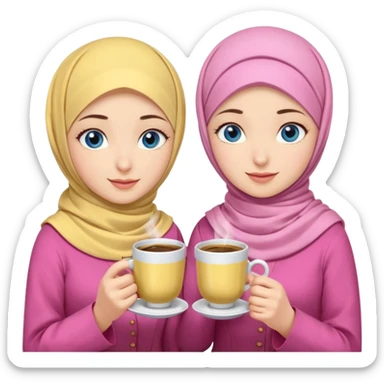 Turkish beautiful finish Konya three girls blue eyes with pink butter yellow hijab islamic dress and had on her hand turkish coffee   sticker