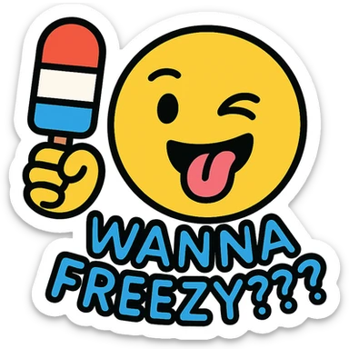 emoji character with a playful expression, holding a popsicle, with the text 'wanna freezy???' in a fun font, color outline style sticker