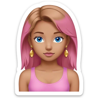 Young girl wearing a pink tight top, with light brown hair , blue eyes and gold earrings  sticker