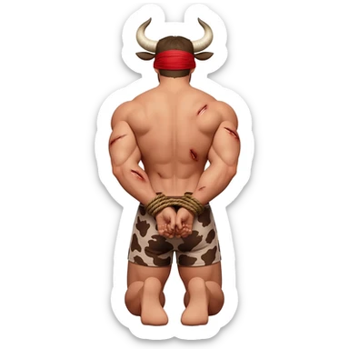 handsome extra large muscular man covered with scars with large breasts with bull horns and cow ears and bull tail with red blindfold dressed in thongs with brown cow print sits on his knees with hands tied behind the bback back view sticker