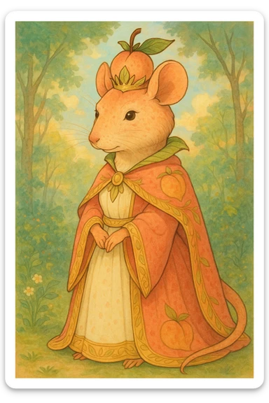 a rat queen with features resembling a peach, blending peach fruit elements with regal rat characteristics, in a Ghibli-inspired style sticker