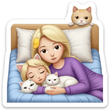 They recreate a photo of a blonde girl with light brown eyes, lying in bed sick with the flu, with her cat white nearby. sticker