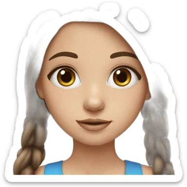 Girl with long brown hair and blue eyes with a makeup brush sticker