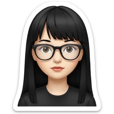 eu quero um icon de snapchat de uma mulher com o fundo branco, cor da pele normal, óculos pretos, cabelo preto liso grande com franja sticker