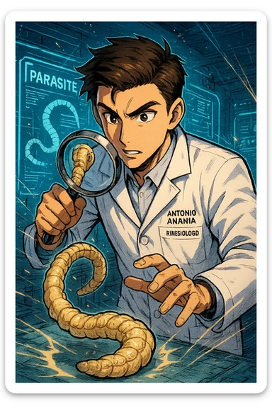 A dynamic manga/webtoon-style illustration of a young male kinesiologist wearing a clean white lab coat, analyzing light beige worms like a tapeworm under a magnifying glass. His expression is focused and slightly intrigued, with sharp, detailed eyes. The art style is vibrant, with bold linework, rich colors, and dramatic lighting. The background is a futuristic laboratory with glowing holographic screens displaying parasite data. The tapeworm is intricately drawn, slimy and segmented, with a slightly exaggerated yet realistic texture. The composition is dynamic, with motion lines or energy effects to emphasize his scientific investigation. The atmosphere is intense but not dark, keeping a balance between scientific seriousness and stylish manga aesthetics, he has "ANTONIO ANANIA" WRITTEN ON WHITE LAB COAT sticker