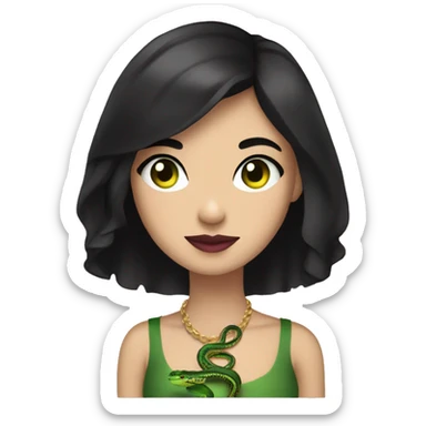 A girl with short black hair, bright green eyes and dark pink lips with a royal python in her hands sticker