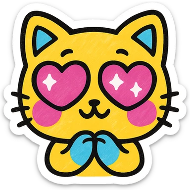 cute chibi cat close-up, sparkling heart eyes, pastel colors, die-cut sticker, white background, minimal vector illustration sticker