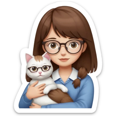 Cute girl brown hair have bangs and glasses hugging white cat sticker