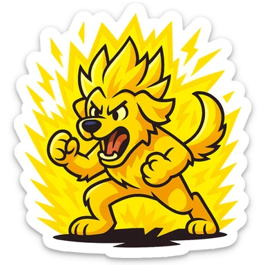 cartoon golden retriever, super saiyan transformation, intense energy, glowing yellow fur, action pose sticker