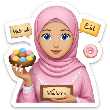 Turkish beautiful finish Konya girl blue eyes with powder pink yellow hijab islamic dress and had on her hand text Eid Mubarak with sweets and celebrating with her friends eid days   sticker