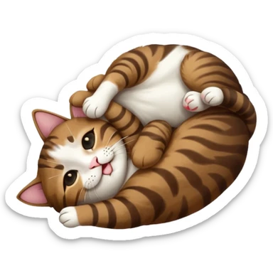 dark brown tabby and white small cat in funny positions upside down with eyes closed sticker