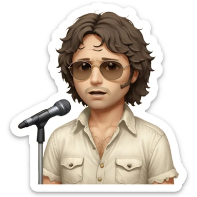 cinematic realistic - messy, shaggy aged Jim Morrison in an ivory Victorian shirt, singing in a trance on stage, wearing Ray Ban sunglasses sticker