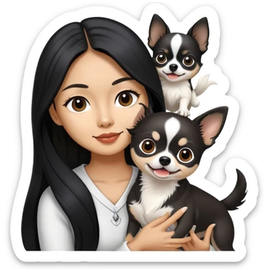 Thai woman with flowing black hair playing with a black and white Chihuahua dog sticker