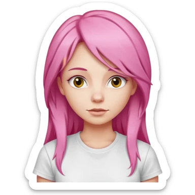 a woman with long layered pink hair, wearing white t-shirt sticker