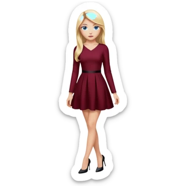 Chica rubia, ojos azules, vestido granate sexy cuerpo entero pelo largo manga larga zapatos negros tacon sticker