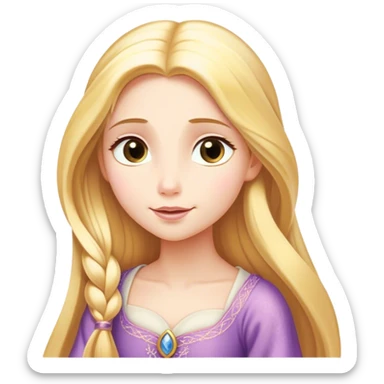 Cinematic Serene Rapunzel Portrait Emoji, rendered in a simplified vector style. Depict a gentle Rapunzel (chest and above) with delicate porcelain skin and long, shimmering golden hair, her expression calm and reflective, dressed in her traditional attire. The image is imbued with a soft, luminous glow and a subtle glowing outline. sticker