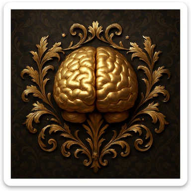 Create an ultrarealistic emoji featuring a 3D metallic gold brain as the main symbol, representing common sense. Surround the brain with ornate gothic florals, all in old gold. The background should be a high-definition, dark Victorian silk pattern. The overall look must be classic, arcane, and mysterious, with high detail and elegance, inspired by the reference image. sticker