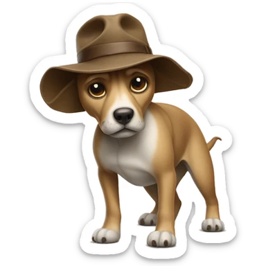 A slouched dog bows in a hat like on Indiana Jones sticker