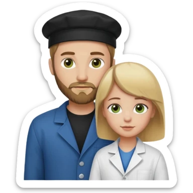 a blonde bearded guy wearing black cap, tall, fair skinned, brown eyes,  looking into the girls eyes who is short than him having green eyes and brown hair, who is in love with the guy, girl is wearing a lab coat, guy is wearing a brown jacket and blue jeans sticker